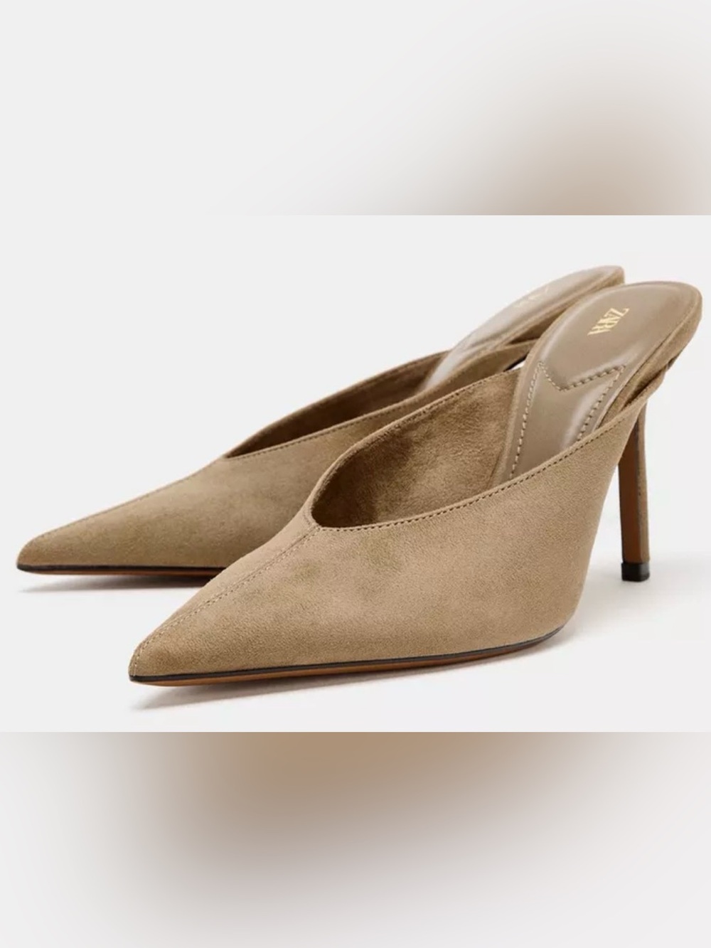 Zara Beige Pointed-Toe Suede Slingback Mules